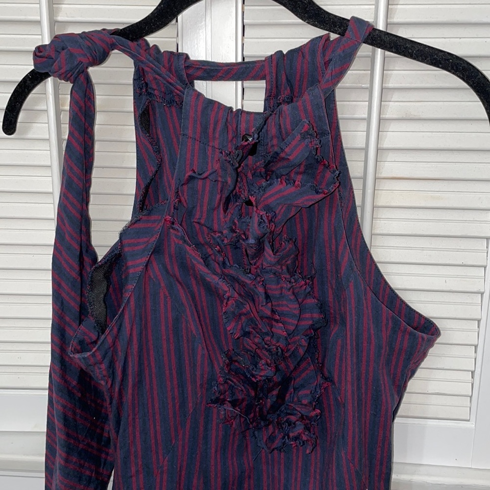 Paris Hilton red blue pen stripe tank neck bow blouse dressy